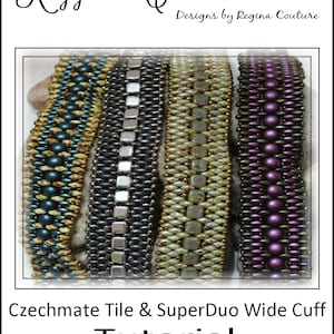 May include: Four beaded bracelets in different patterns and colors. The bracelets are made with Czechmate Tile and SuperDuo beads. The bracelets are on a brown surface.