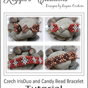 May include: A tutorial for making a Czech Iris Duo and Candy Bead bracelet. The image shows four close-up photos of the bracelet in different positions, with the beads and clasp clearly visible.