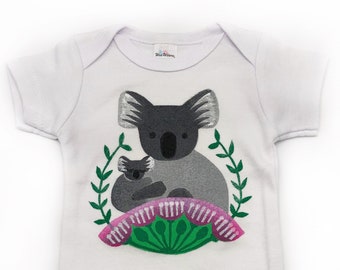 Koala baby romper bodysuit onesie, Koala baby Christmas holiday gift, hand block printed organic cotton baby romper, various sizes/ colors