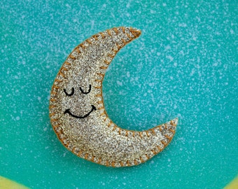 Sparkle moon badge / lunar brooch / pin made with glitter fabric and felt