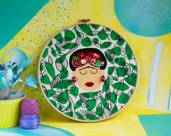 Floral lady original artwork - 10" embroidered and screen printed hoop