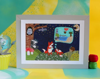 Fox Print - Woodland forest with baby fox print for nursery or bookshelves - A4 Print