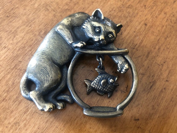 Adorable Vintage Cat and Fish Brooch ~