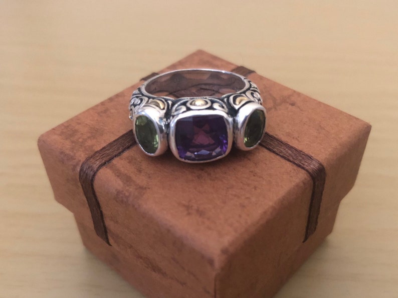Vintage Amethyst and Peridot Sterling Princess Ring ~