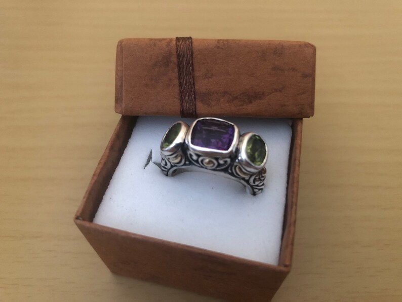 Vintage Amethyst and Peridot Sterling Princess Ring ~