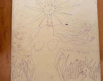 Könnte beinhalten: Ein Vintage-Buchcover mit einer Strichzeichnung einer Frau mit ausgestreckten Armen, einer Sonne mit einem Gesicht und zwei Tieren im Gras. Der Titel des Buches lautet "Living on The Earth" und die Autorin ist "alicia bay laurel".