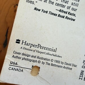 Op de afbeelding: Close-up van de achterkant van een boek met tekst uit de New York Times Book Review. Het HarperPerennial-logo is zichtbaar, samen met copyrightinformatie uit 1993. De omslag is gebroken wit met een klein gaatje.