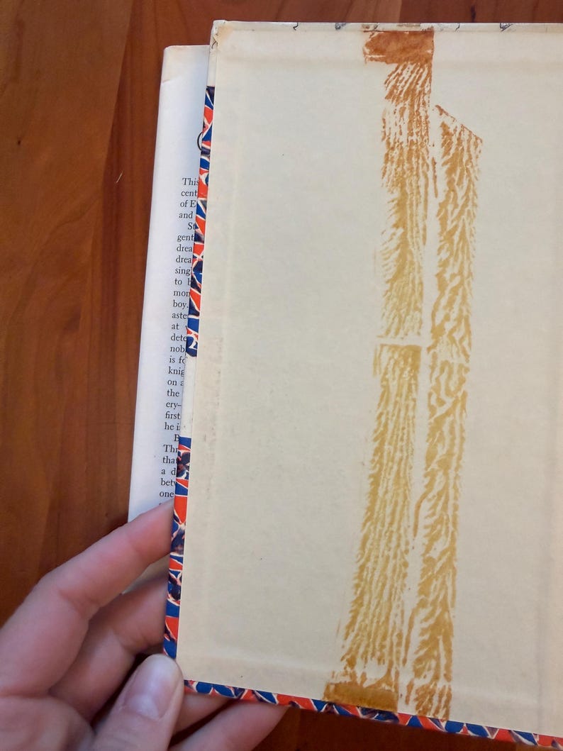 May include: A vintage book with a cream cover and a decorative red, white, and blue patterned edge. The spine has a faded brown design. The book's pages are visible, and the text is partially legible.