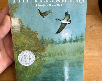 Könnte beinhalten: Ein Taschenbuch mit dem Titel "THE FLEDGLING" von Jane Langton. Das Cover zeigt eine ruhige Landschaft mit einem See, Bäumen und zwei Vögeln im Flug. Ein Newbery Honor Book-Siegel ist sichtbar. Das Scholastic-Logo befindet sich unten.