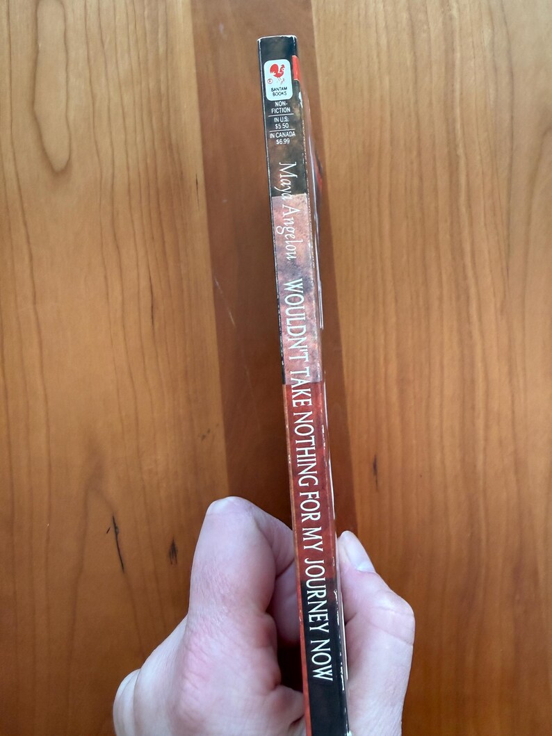 K&ouml;nnte beinhalten: Ein Taschenbuch von Maya Angelou mit dem Titel "Wouldn't Take Nothing For My Journey Now". Der Buchr&uuml;cken ist schwarz mit wei&szlig;em Text und einem rot-wei&szlig;en Logo. Das Buch wird vor einem Holzgrund gehalten.