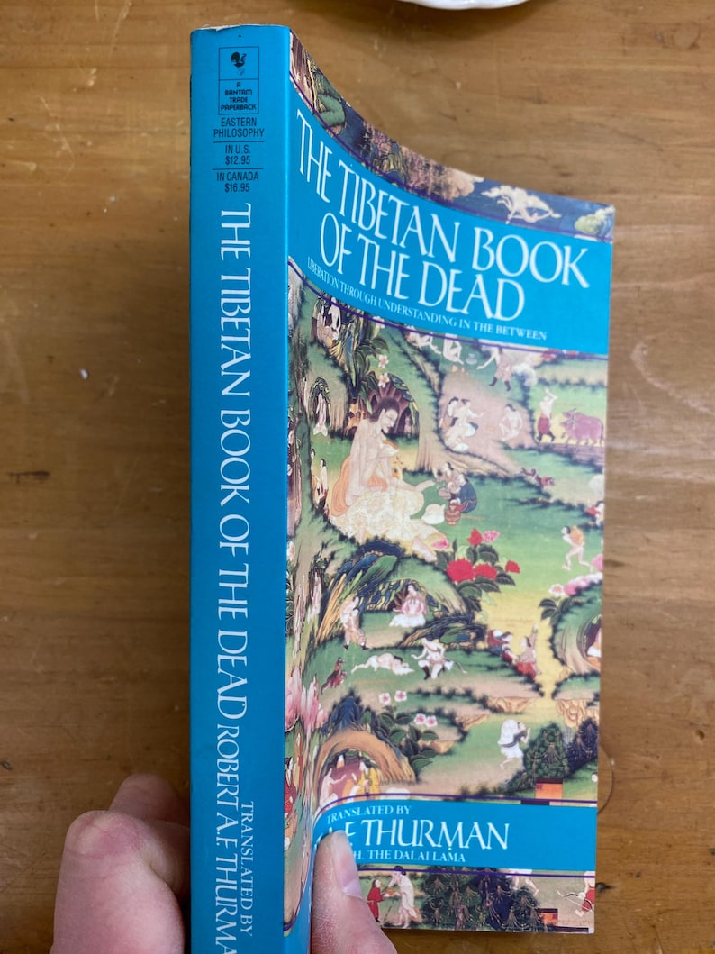 Puede incluir: Un libro azul titulado "El Libro Tibetano de los Muertos: Liberaci&oacute;n a trav&eacute;s de la comprensi&oacute;n del intermedio" de Robert A.F. Thurman, traducido por el Dalai Lama. La portada presenta una ilustraci&oacute;n colorida de un paisaje con figuras.