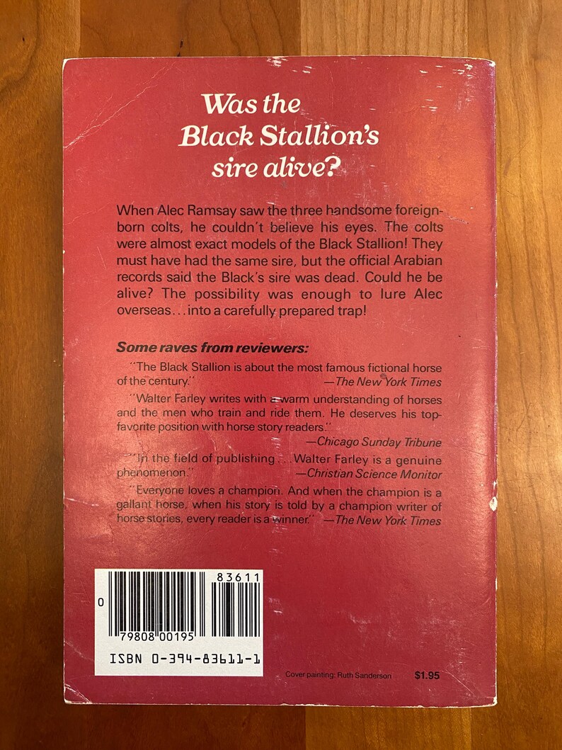 May include: The back cover of a paperback book titled "Was the Black Stallion's sire alive?"  The book cover is red with white text. The book is about a fictional horse and includes quotes from reviewers.
