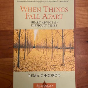 Pode incluir: Livro "When Things Fall Apart" de Pema Chödrön. A capa apresenta um caminho por uma floresta com folhas amarelas. O subtítulo é "Heart Advice for Difficult Times".