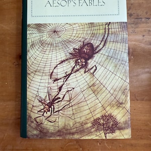 May include: A hardcover book titled "Aesop's Fables" with a green spine. The cover features a detailed illustration of a spider in a web, capturing a fly. The artwork is in shades of brown and beige.
