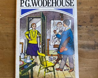 May include: A book cover with an illustration of a woman in a yellow shirt and a man painting a portrait. The title of the book is "The Man Upstairs and Other Stories" by P.G. Wodehouse.