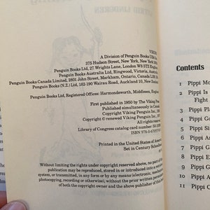 May include: A book cover with the title "Pippi Longstocking" and a list of contents. The book is published by Viking Penguin and includes information about the publisher and copyright details.