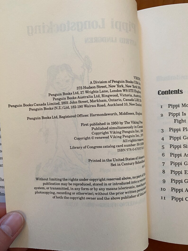 May include: A book cover with the title "Pippi Longstocking" and a list of contents. The book is published by Viking Penguin and includes information about the publisher and copyright details.