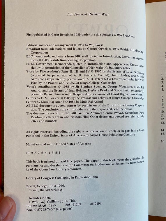 The Lost Writings by George Orwell - Arbor House 1985 - Etsy