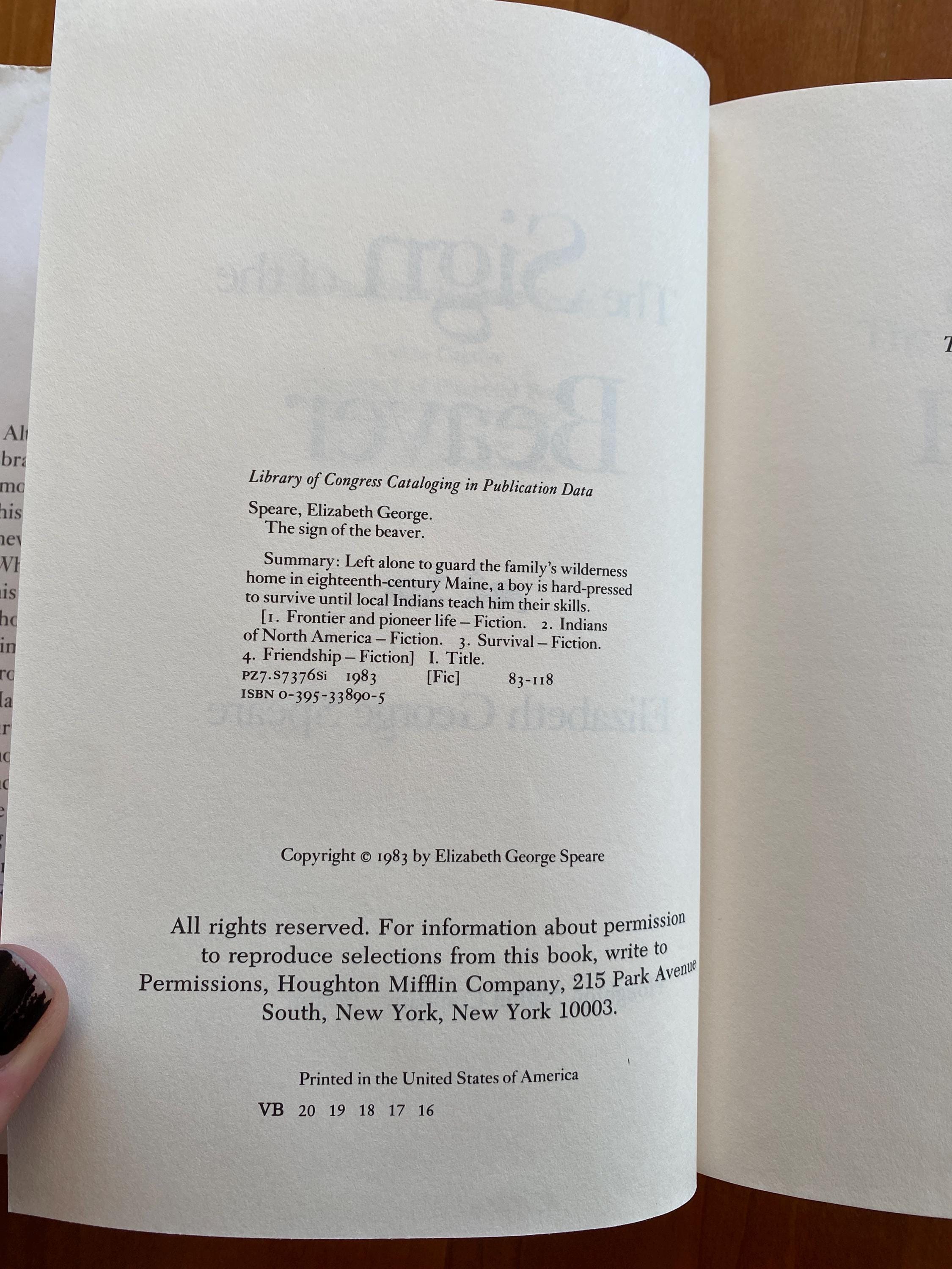 The Sign of the Beaver by Elizabeth George Speare - 1984 Hardcover Book ...