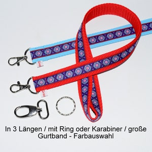 langes Blumen Schlüsselband tükis violett in 3 Wunschlängen, mit Ring o. Karabiner u. Gurtband-Farbauswahl, als Schlaufe o. normal vernäht Bild 1