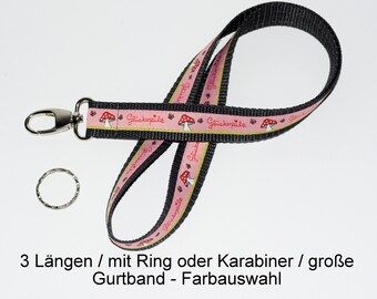 langes Schlüsselband Fliegenpilze in 3 Farben u. Wunschlängen, mit Ring o. Karabiner u. Gurtband-Farbauswahl, als Schlaufe o. normal vernäht