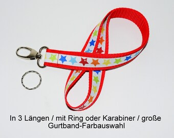 langes bunte Sterne Schlüsselband in drei Wunschlängen, mit Ring oder Karabiner und Gurtband-Farbauswahl, als Schlaufe o. normal vernäht