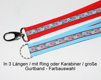 long flower lanyard turquoise red in three lengths, with ring or carabiner, choice of webbing color, as a loop or sewn normally