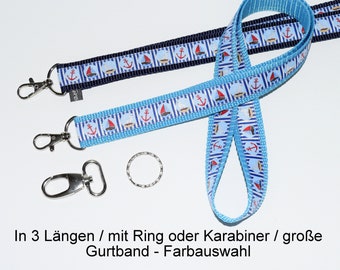 langes maritimes Schlüsselband Ahoi in drei Wunschlängen, mit Ring oder Karabiner und Gurtband-Farbauswahl, als Schlaufe o. normal vernäht