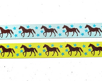 16 mm wide woven ribbons with horses and stars in turquoise and kiwi green - each design is delivered in one piece!