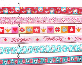 15 mm wide woven ribbons with matryoshka, hearts, princess, dandelions and owls in various colors - each design is delivered in one piece!