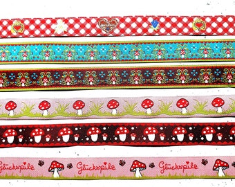 15 mm wide woven ribbon heart and various fly agaric designs - each design is delivered in one piece!