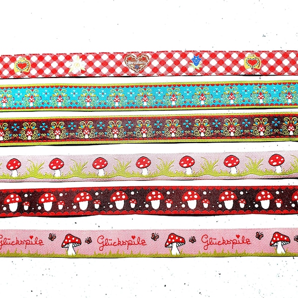 15 mm wide woven ribbon heart and various fly agaric designs - each design is delivered in one piece!