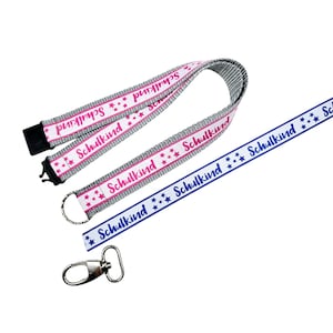 langes Schlüsselband Schulkind pink blau in 3 Längen, mit Ring o. Karabiner, div. Gurtbandfarben, mit Namen, NEU: mit Breakaway-Safety-Clip