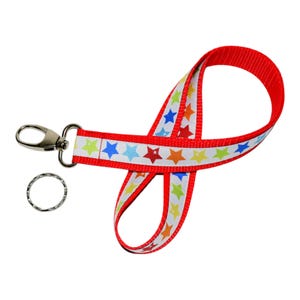 langes Schlüsselband bunte Sterne in 3 Längen, mit Ring o. Karabiner, div. Gurtbandfarben, mit Namen, NEU: mit Breakaway-Safety-Clip