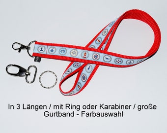 long lanyard porthole aquaturquoise in three desired lengths, with ring or carabiner and webbing color selection, as a loop or normally sewn