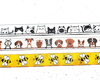 17 mm breites Webband mit vielen unterschiedlichen Katzen, Hunden und Bienen -  Lieferung in einem Stück!