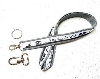 long North Sea lanyard on light gray webbing or desired color, with ring or carabiner, as a loop or sewn normally