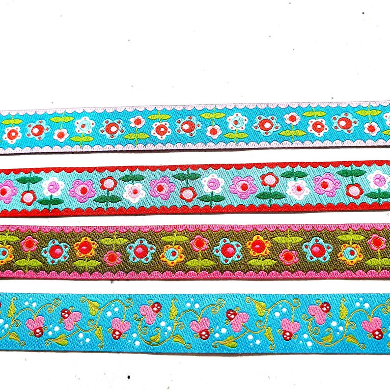 12 mm wide woven ribbons with flowers in various colors delivered in one piece for each design image 1