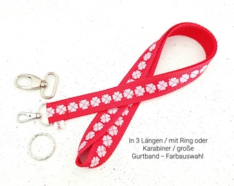 long lanyard lucky clover red-pink tones in three lengths, with ring or carabiner and choice of webbing color, as a loop or sewn normally