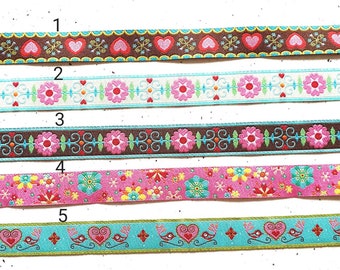 12 mm wide woven ribbons with flowers, hearts, birds in various colors - each design is delivered in one piece!