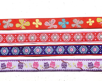 15 mm breite Webbänder mit Schmetterlingen Blumen und Eulen in diversen Farben - Lieferung je Design in einem Stück!