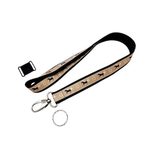 langes Pferde beige Schlüsselband in 3 Längen, mit Ring o. Karabiner, div. Gurtbandfarben, mit Namen bestickt,NEU: mit Breakaway-Safety-Clip