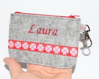 Felt mini purse with clover leaves in red pink with desired name or without name with choice of felt color