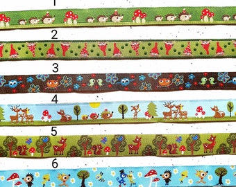 12 and 15 mm wide woven ribbons with hedgehogs, gnomes, owls, deer, forest friends and bird wedding - each design delivered in one piece!