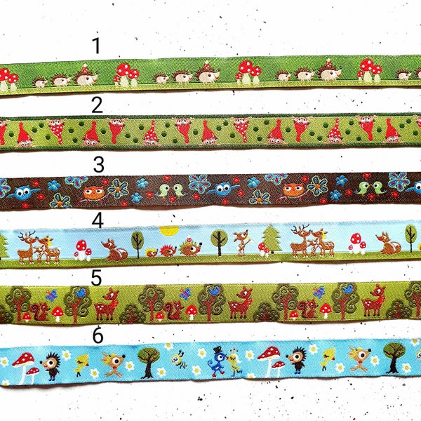 12 und 15mm breite Webbänder mit Igeln, Wichtelzwergen, Eulen, Rehen, Waldfreunden u. Vogelhochzeit - Lieferung je Design in einem Stück!