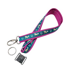 langes Schlüsselband Pferde petrol in 3 Längen, mit Ring o. Karabiner, div. Gurtbandfarben, mit Namen, NEU: mit Breakaway-Safety-Clip