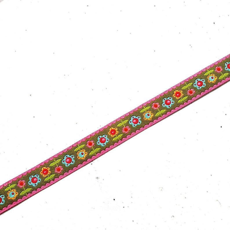 12 mm wide woven ribbons with flowers in various colors delivered in one piece for each design 3. khaki-pink