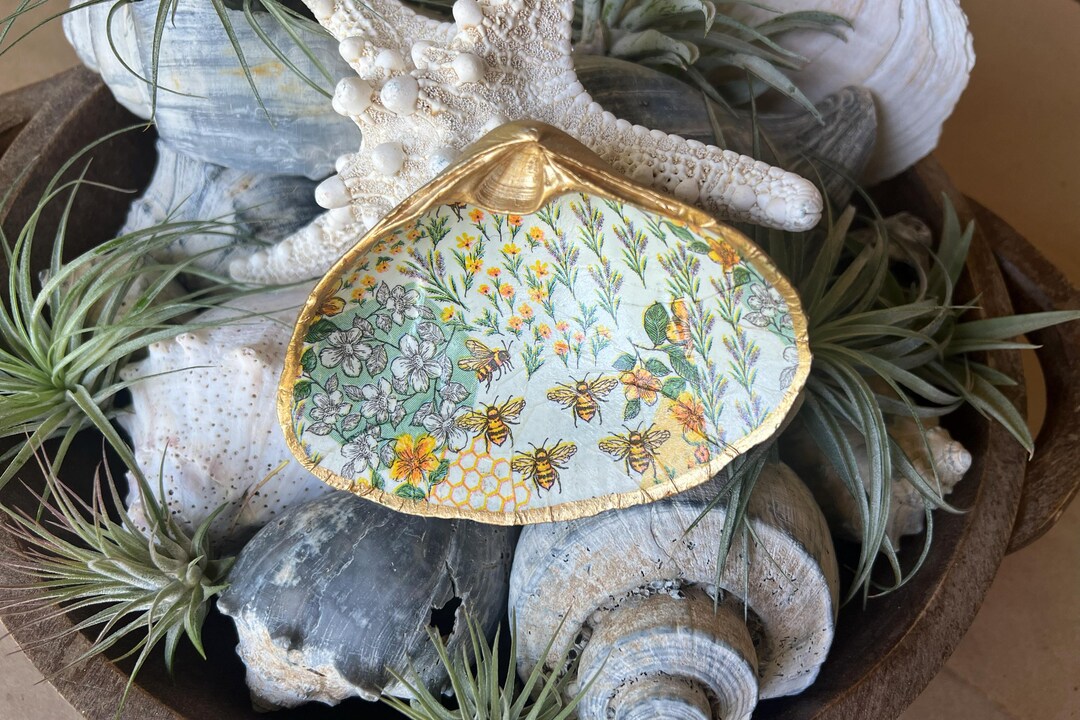 Decoupage Sea Shell, Yellow Bumble Bees - Etsy
