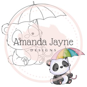 Sello digital Panda: oso tierno con paraguas, blanco y negro + PNG precoloreado, descarga instantánea para hacer tarjetas, álbumes de recortes y manualidades