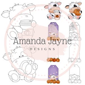 Conjunto de vaca calabaza y etiqueta, sello digital, sello digital, Amanda Jayne Designs